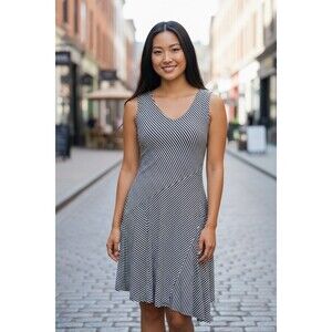 SOMA Asymmetrical Hem Midi Dress Sz L  White Navy Stripe Sleeveless Soft Stretch